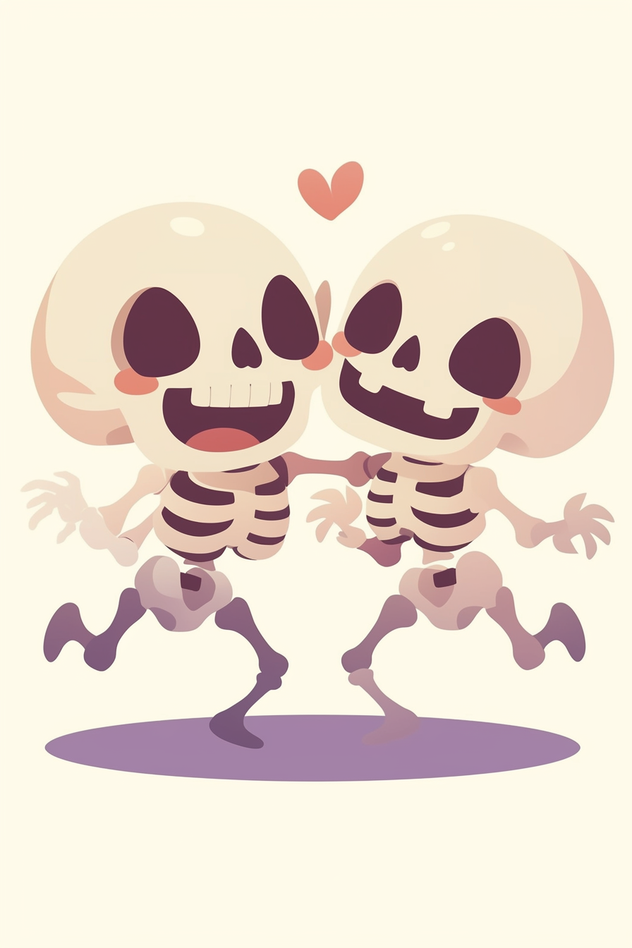 cute halloween drawings for kids, showing two skeletons dancing joyfully with a tiny heart floating above them.